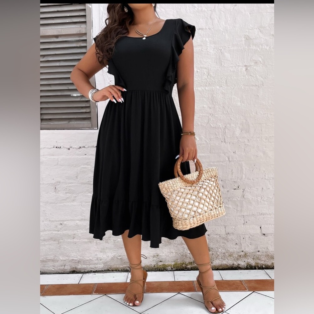 Loness Black Midi Dress with Ruffle Sleeves